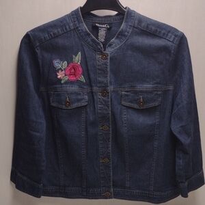 Denim&Co. Blue Jean Jacket with Floral Embroidery